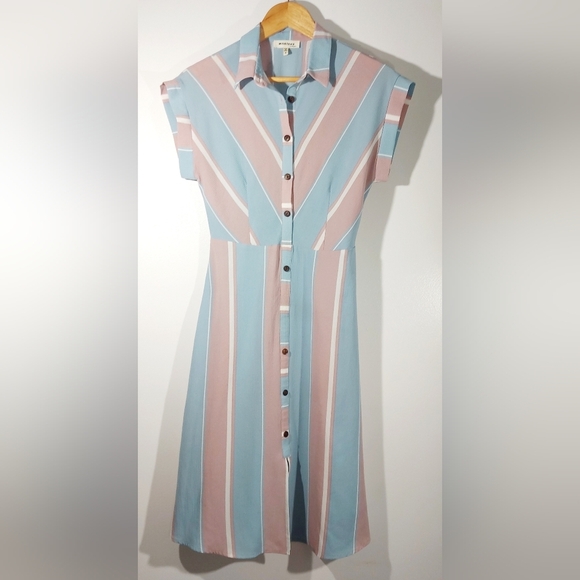 MONTEAU Blue&Pink Pastel Collard TShirt Midi Dress Wood  Buttons - Picture 1 of 8
